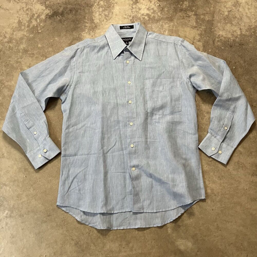 Guy Laroche Shirt Mens Medium 15.5 Blue Linen Button Front Long Sleeve
